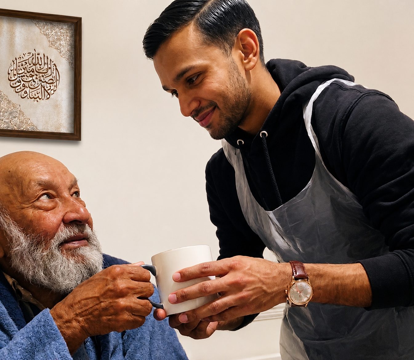 A carer handing a cup of tea to an older man at home.